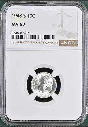 :1948-S 1OC ROOSEVELT DIME SUPERB NGC MS67 BLAST WHITE RARITY R3 HIGHEST GRADES