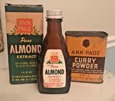 Vintage Ann Page A&P Spice Tin Can Curry Powder& Pure Almond Extract Bottle