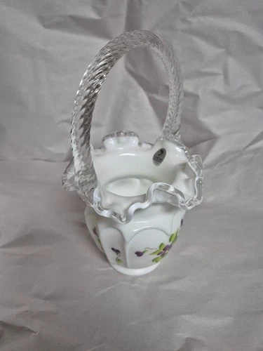 Fenton basket with handle violets in the snow signed by B Pezzoni