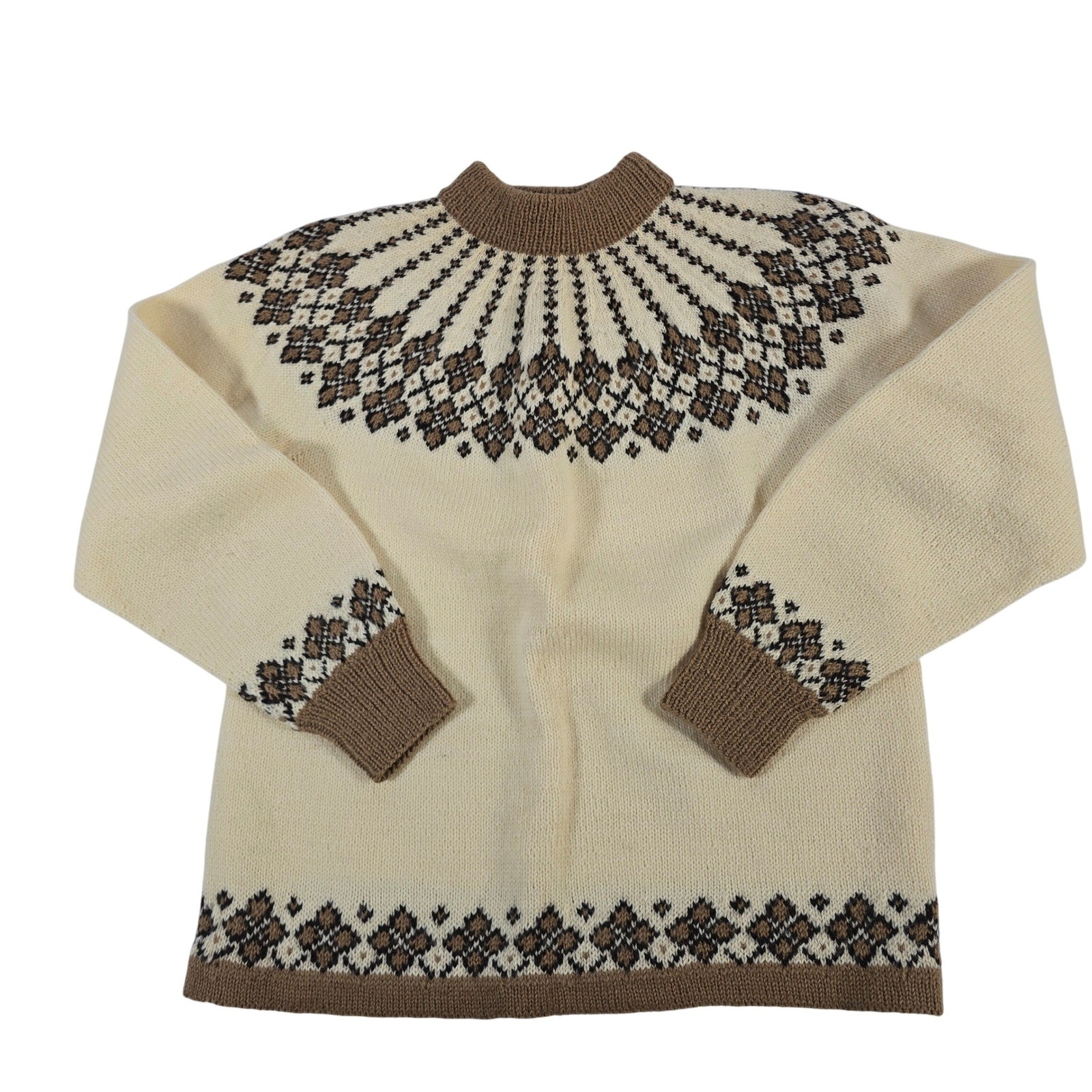 Handmade 100% Wool Fair Isle Sweater Cream Brown Mock Neck Pullover medium small