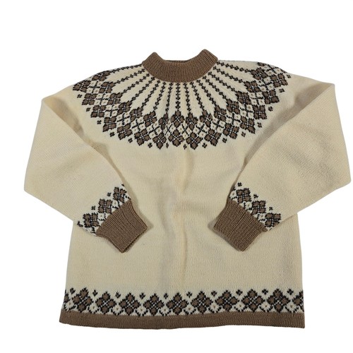 Handmade 100% Wool Fair Isle Sweater Cream Brown Mock Neck Pullover medium small - Image 1