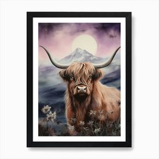 Watercolour Of Highland Cow At Nigh Framed Wall Art Poster Canvas Print Picture