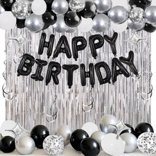 92 PCS Black and Silver Happy Birthday Decorations Balloons Fringe Curtains Vort