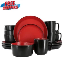 16 Pc Durable Stoneware Dinnerware Set Dishwasher Microwave Safe Service for 4