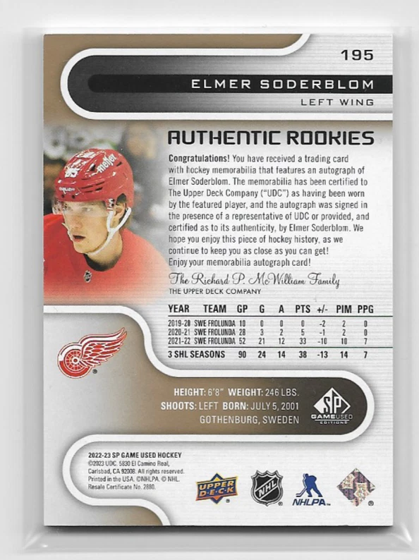 2022-23 SP Game Used Gold Rookie Autograph Patch Elmer Soderblom Auto RC /49 - Image 2 of 2