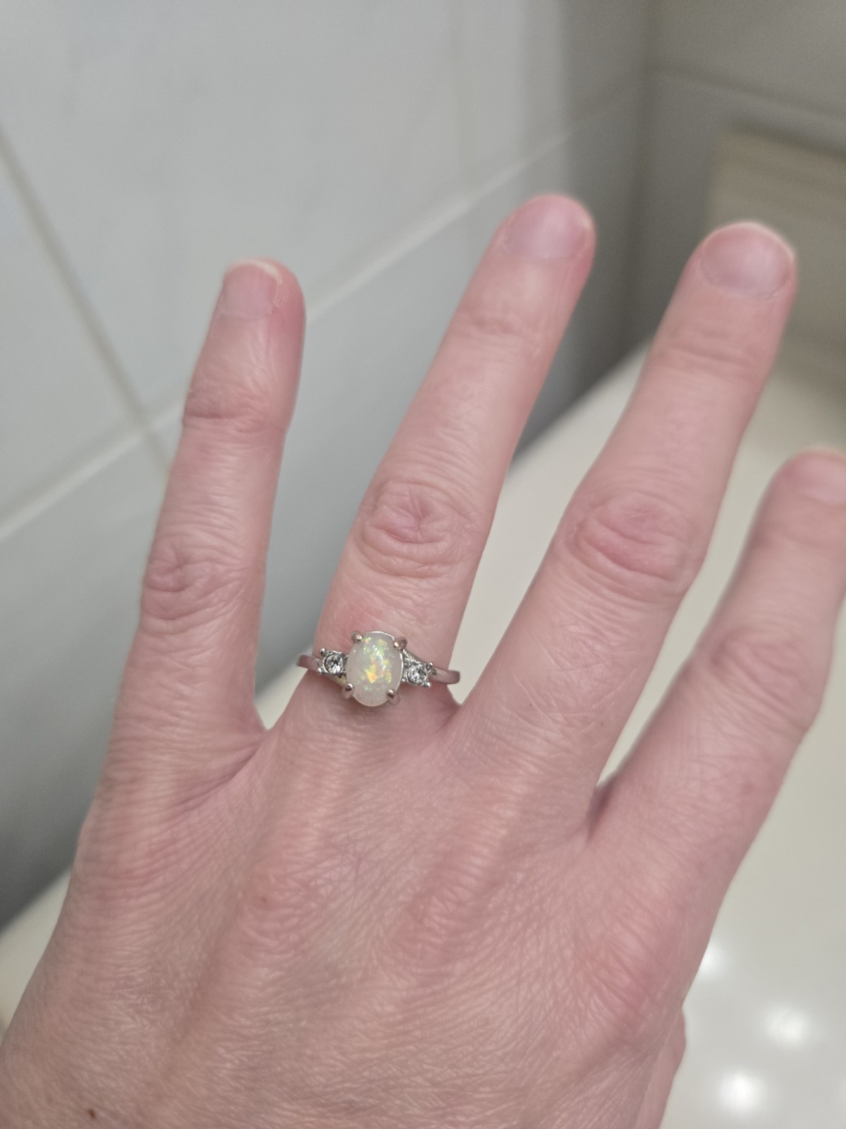 Silver Ring Oval Multicolor Opal with Accent Ston… - image 1