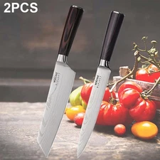 2 PCS Damascus Steel Knives Set With Leather Sheath For Camping Outdoor
