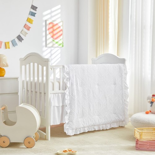 Tufted Ruffle Crib Bedding Set 3 Pieces Baby Boho Quilted Comforter with Fitt...