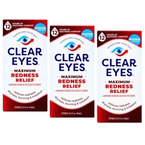 3 Pack Clear Eyes Maximum Strength Redness Relief Eye Drops 0.5Oz Each