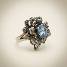 Sterling Silver, Blue Topaz and Marcasite Flower Statement Ring Size 6.5 Vintage