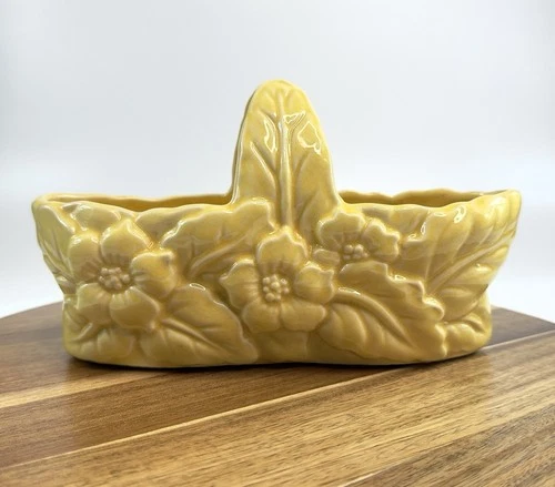 Vintage Pottery Basket Planter Yellow With Floral Leaf Design Made In USA McCoy?