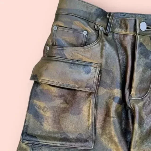 NEW Men's Military Print Cargo Style Genuine Lambskin Leather Short Pants, NWT - Image 3 of 4