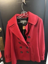 Liz Claiborne Red Acrylic Ladies Black Button Ladies Pea Coat - Size L