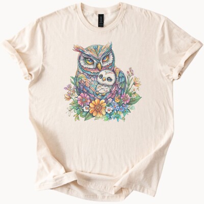 Boho Owl Graphic T Shirt Colorful Floral Animal Art Nature Lover Tee