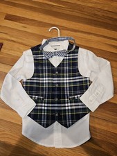 NEW Janie and Jack Boys Button Shirt Plaid Stripe Vest  Bow Tie Size 3