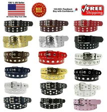 Men Women Unisex 1, 2 Holes Row Grommet Bonded Leather Belt Removable Buckle