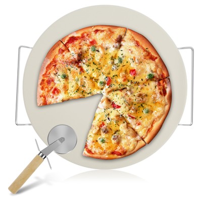 Round Pizza Stone Pan Heat Resistant Baking Tray 33CM with Pizza Roller US 