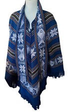 Vtge Boho Ecuadorian Poncho Attached Scarf Inca Design Royal Blue Western