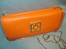 Designer Trina Turk Nwt Orange Leather Clutch Organizer With Gold Shoulder Chain