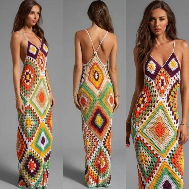crochet granny square maxi dress Handmade Cotton Crochet Granny Square Maxi Dress, Boho Festival Clothing