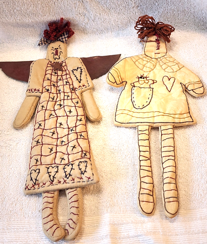 Primitive~Folk-art~Handmade Flat Doll~Lot Of 2 Embroidered ~Rustic~ Farm House
