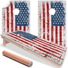 Cracked Wood US American Flag Cornhole Board Wraps and Decals Vinyl Sticker