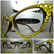 Womens VINTAGE 60s CAT EYE Style Clear Lens EYE GLASSES Yellow Crystals Handmade