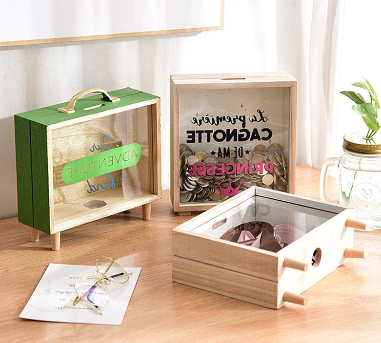 Travel Fund Coin Slot Piggy Bank Wood Glass Money Box Home Decor Desk