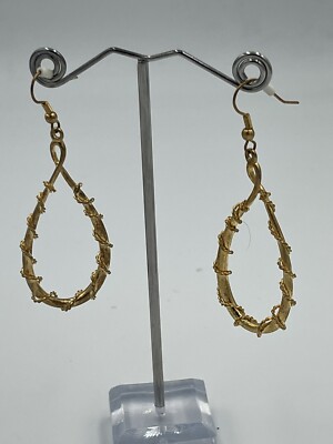 Vintage 80s Impulse Gold Tone Teardrop Wire Wrap Dangle Earrings Hooks NOS Korea