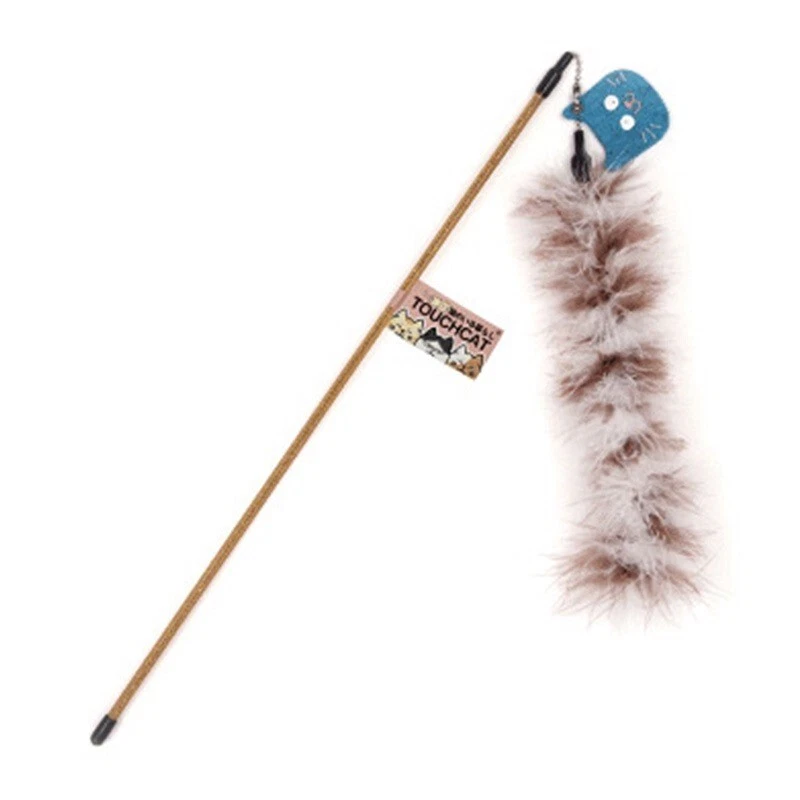 Pet Cat Handmade Wand Interactive Toy with feather and bell brown