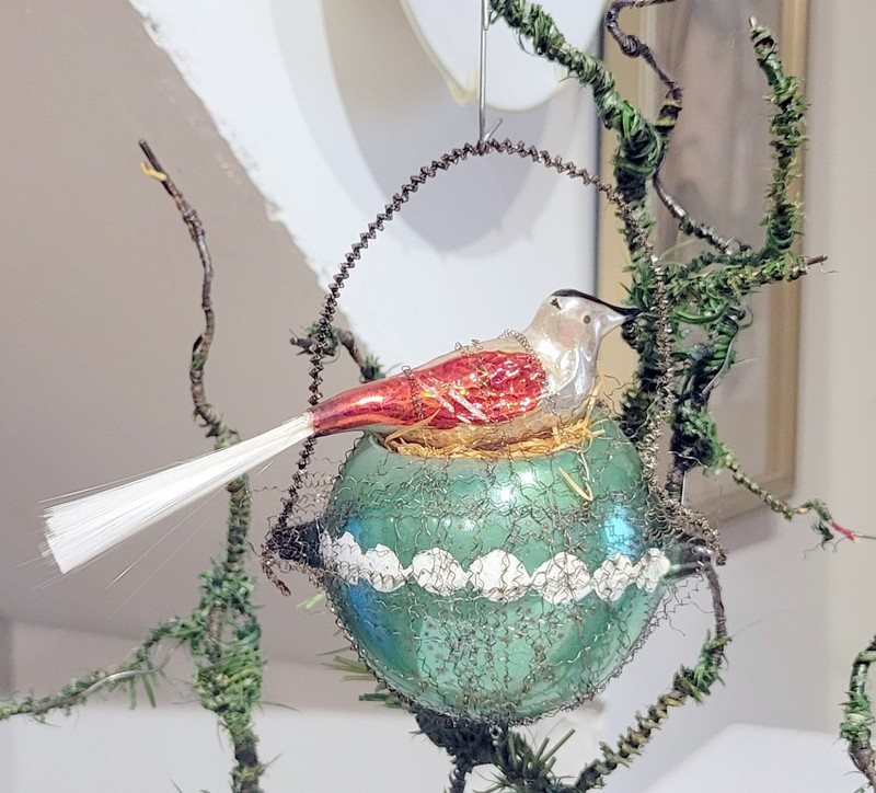 Wire-Wrapped Bird in Nest, on Glass Blue Sphere.   Early 1960s West Germany.
