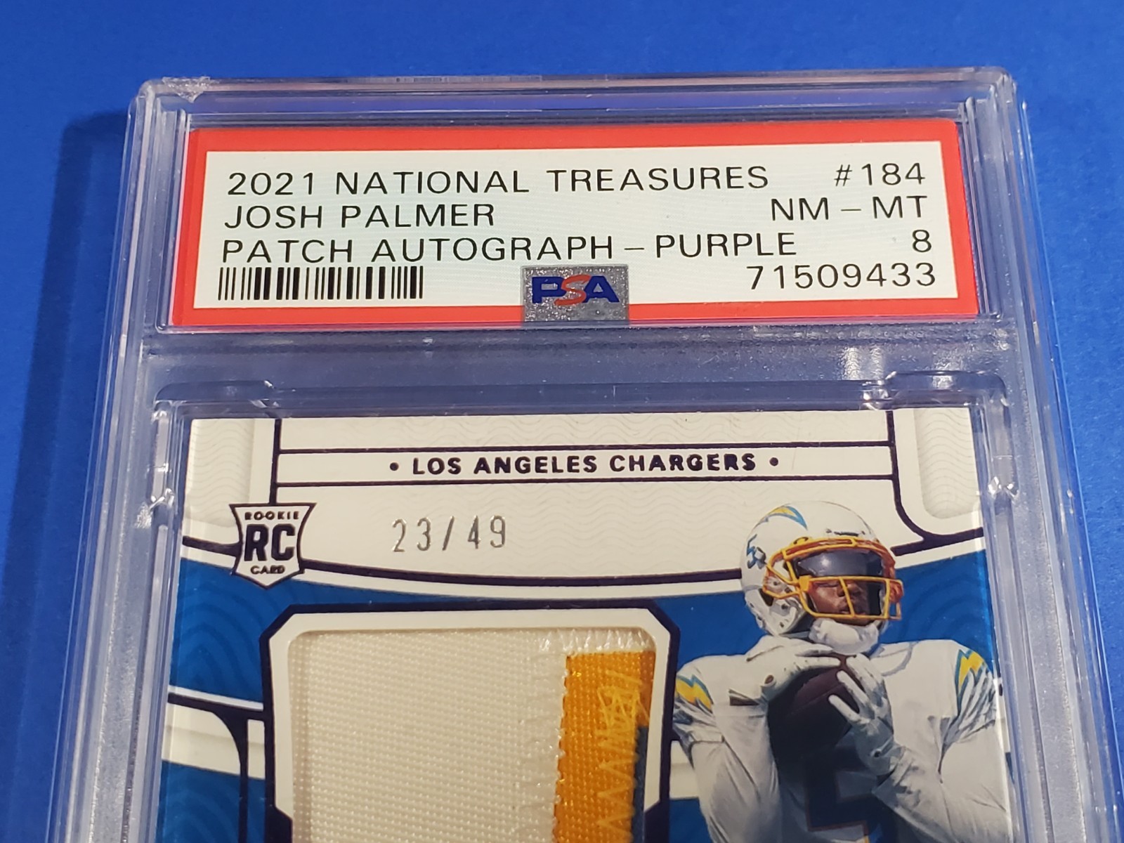 2021 PANINI NATIONAL TREASURES JOSH PALMER ROOKIE AUTO PATCH SIGNATURE #49 PSA 8 view 2