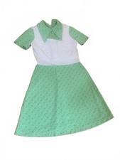 Vintage 60s/70s Green and White Patterned Dress with Large Dagger Collar