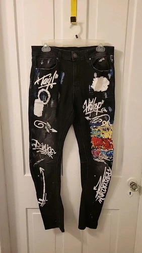 Jean denim homme Rue 21 Graffiti Paint Supreme Flex Fit noir skinny arc 32"x30"