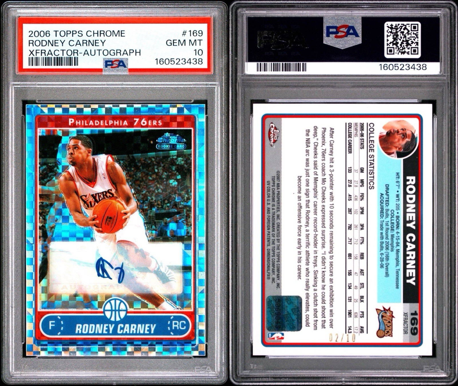 2006 Topps Chrome #169 Rodney Carney (RC) X-Fractor Auto /10 - PSA 10 Gem Mint view 2