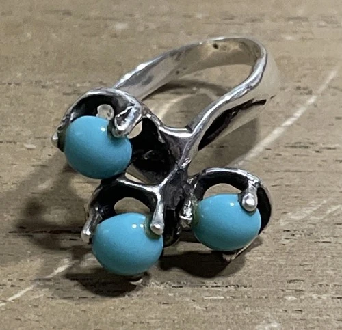 Vintage 925 Sterling Silver Ring Made In Mexico With Turquoise Stones C70 Size 7