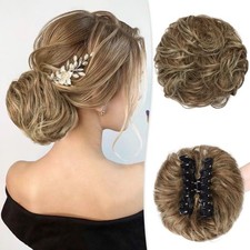 Real Human Hair Messy Bun Claw Clip Wavy Curly - Brown Mixed Light Blond