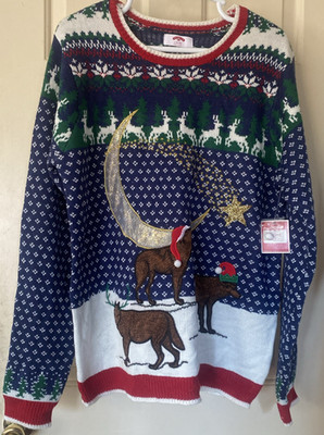 Mens Ugly Christmas Sweater Holiday Blue Sz Large Reindeer Wolves Howling Moon