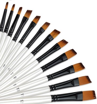 12-Piece Angular Paint Brush Set   Pearl White Nylon Angled Brushes for Waterc