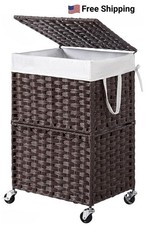 Laundry basket 90L with wheels, lid, and removable inner bag, Brown