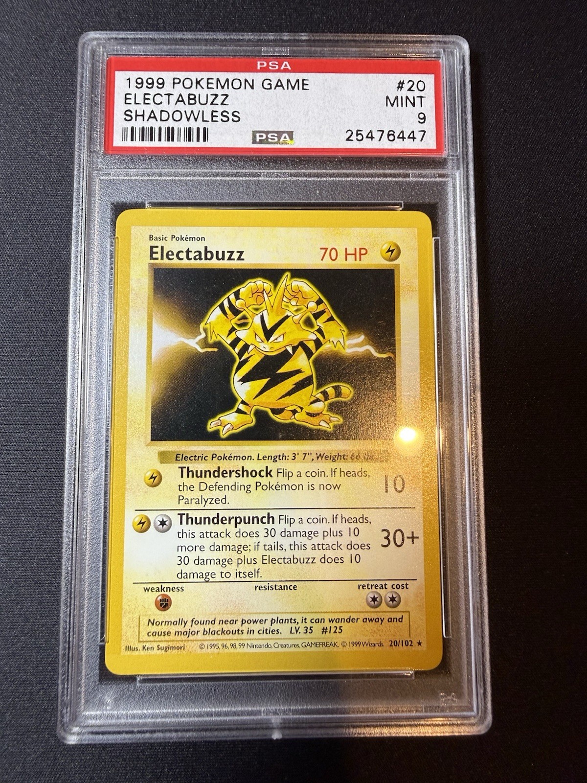 PSA 9 MINT Electabuzz 1999 Base Set 20/102 Shadowless Graded Pokemon Card