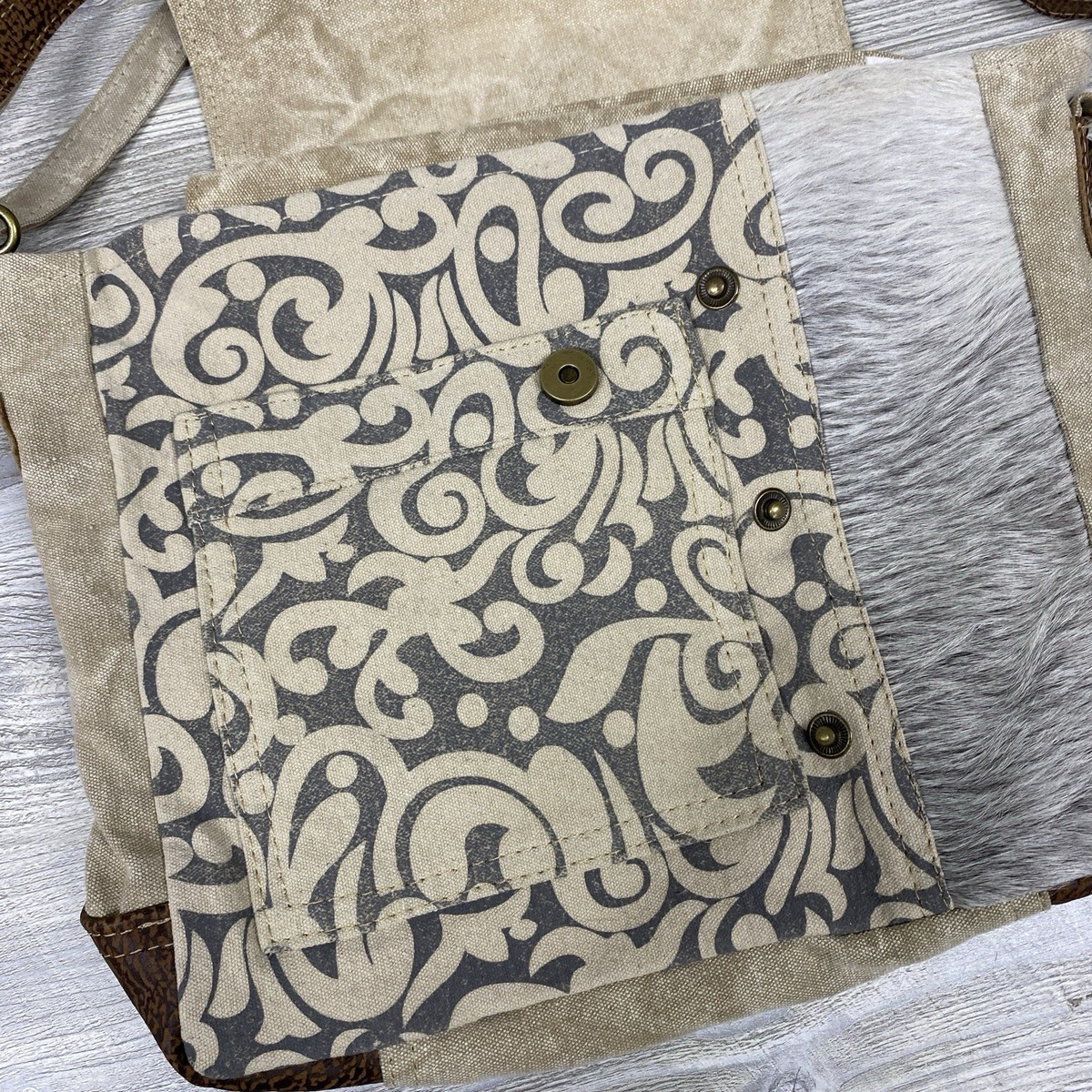 Myra Bag Factual Crossbody Purse Cowhide Fur Canvas Tote Bag View 3