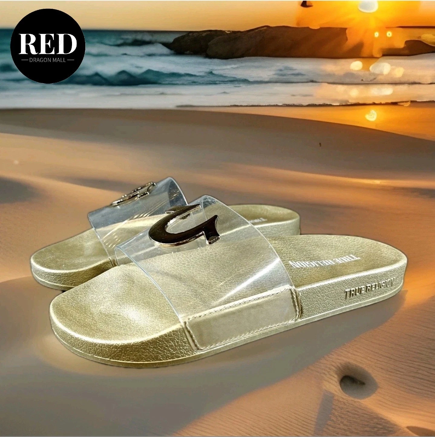 True Religion Elle Clear/Gold/Gold Slides Slippers Sandals - Women's Size 7