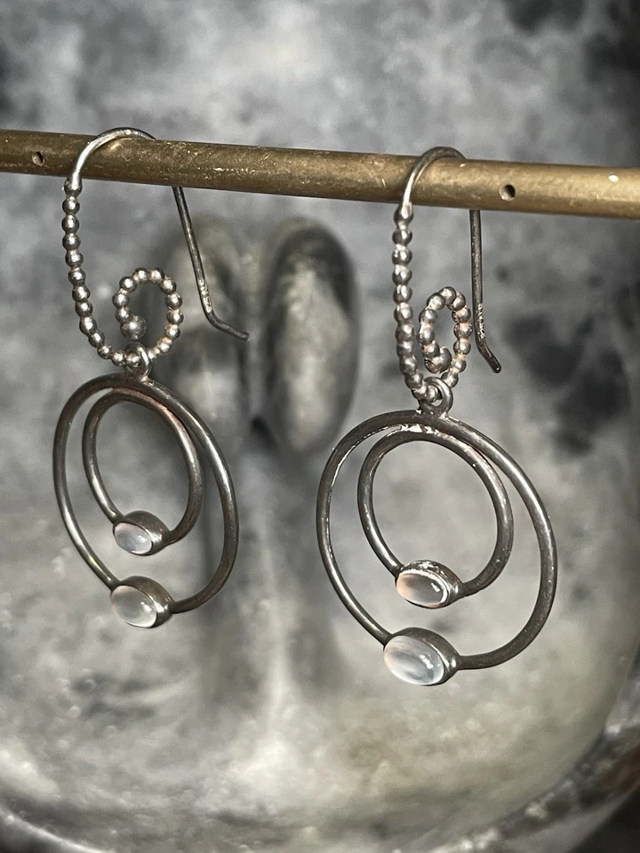 Pandora Sterling Silver Moonstone Double Hoop Dangle Earrings RARE - Image 4 of 4