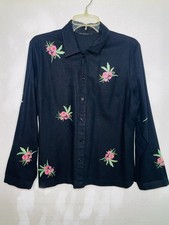 Unbranded Women's Vintage Black Button Up Shirt Top Pink Floral Embroidery