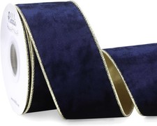 Navy Velvet Wired Ribbon 2.5 Inch Metallic Navy Blue Gold Crushed Velvet Christm