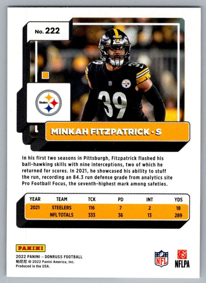 2022 Donruss Minkah Fitzpatrick Pittsburgh Steelers #222 - Image 2 of 2