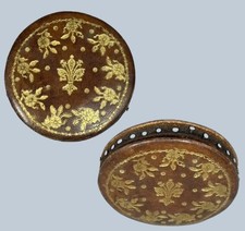 Antique Florentine Leather Embossed Fleur-de-Lis Pinwheel Pincushion Pin Cushion