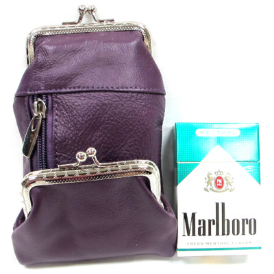 Genuine Leather Cigarette Case + Coin Pouch Combo 2 Snap+1 Zipper Pocket-  PURPLE