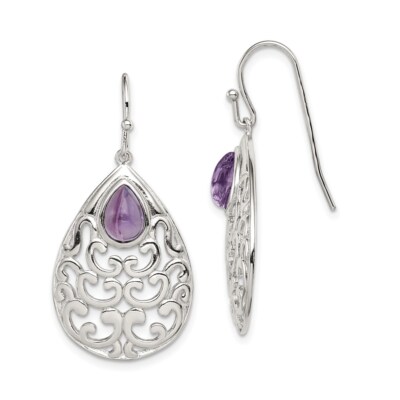 40mm Sterling Silver Rhodium-plated Amethyst Teardrop Shepherd Hook Earrings